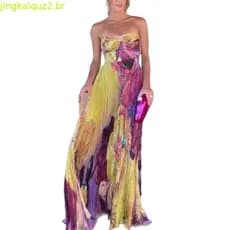 Vestido Longo Feminino Europeu e Americano, Design de Barra Oversized, Alças, Estampado, Vestido Sem Mangas Plissado
