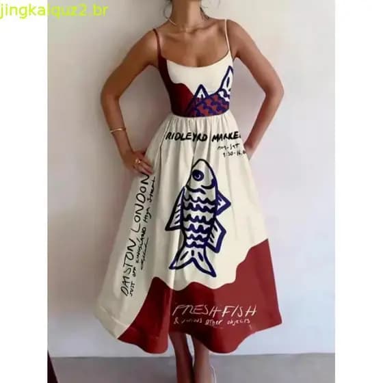 Vestido de alcinha com estampa simétrica de estilo étnico, novo modelo em promoção (28467) 8842