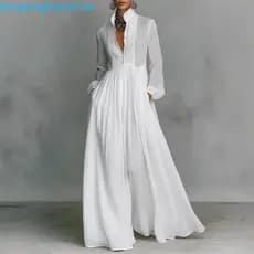 Maxi Length Dress Sophisticated Women’s Long Sleeve with Stand Collar Button-down Front Functional Pockets Pleated Flo