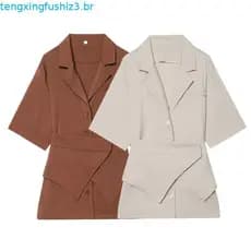 Vestido Feminino Elegante e Ajustado, Cor Sólida, Gola Reversível, Manga Curta, Vestido Mini de Botões, Vestido para Fes