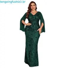 Novo vestido de noite com lantejoulas e mangas compridas, estilo europeu e americano, tamanho grande, para mulheres, ele