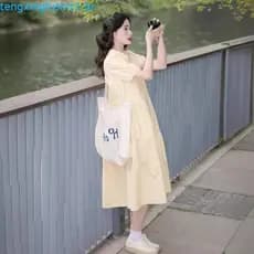 Francês estilo suave amarelo manga Puff csa vestido feminino verão novo estilo pequeno cintura estreita saia de manga