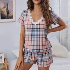 Pijamas Femininos de Verão, Conjunto de Duas Peças com Decote em V, Detalhes em Renda, Manga Curta e Shorts, Roupas de C
