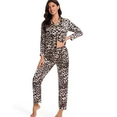 Pijamas Estilo Chinês Seda Sintética Leopardo Impressão cardigan De Manga Comprida Com Gola Virada Para Baixo Femininos