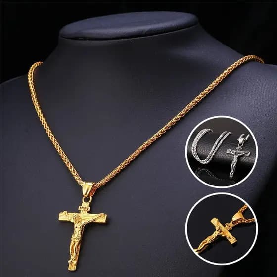 Colar Masculino, Colar com Cruz de Jesus para a Páscoa, Colar Dourado para Mulheres e Homens