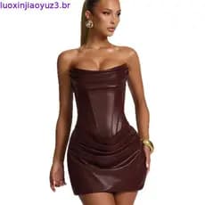 Novo Vestido De Couro PU Sem Alças Europeu E Americano Com Cadarço , Design Plissado De Cintura Alta , Estilo Feminino P