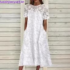 Vestido Branco De Lesie Bordado De Renda Feminino Verão Solto Manga Curta Longo