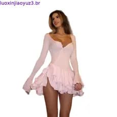 Vestido Mini Feminino Rosa com Manga Bufante, Babados e Pregas, Decote V Profundo Irregular, Botões, Corte em A, para Fe