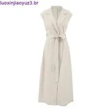 SAINT Vestido de linho de algodão francês feminino cáqui csa com cadarço saia longa roupas femininas
