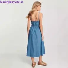 Vestido Jeans Longo Com Alcinha e Barra Franzida
