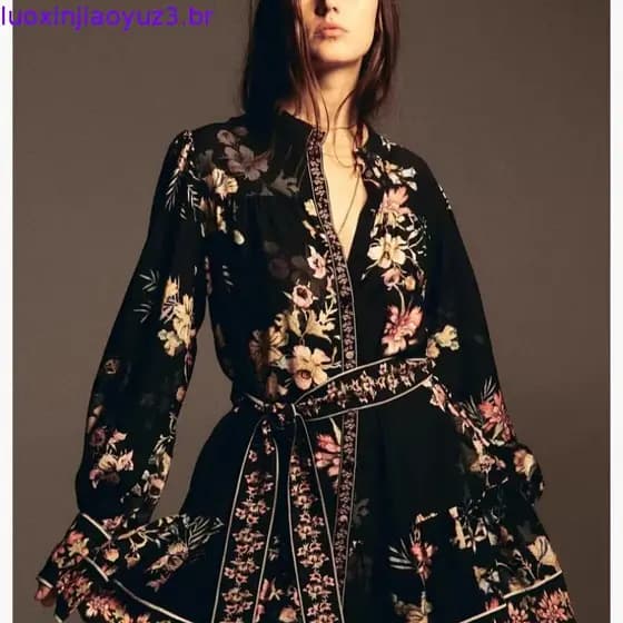 ZA Primavera Novo Estilo Feminino Gola Alta Manga Comprida Cintura Lace-Up Saia Vestido Curto 1319938