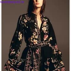 ZA Primavera Novo Estilo Feminino Gola Alta Manga Comprida Cintura Lace-Up Saia Vestido Curto 1319938
