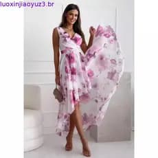 Saia feminina moda decote em V babados plissado impressão sem mangas vestido flor saia longa