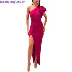Vestido de Cor Sólida com Mangas Ruffle e Decote Ombro a Ombro com Fenda Roupas Femininas