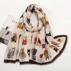 Cachecol Feminino Estampado com Orelhas de Gato e Franjas, de Algodão e Viscose, Aquecedor de Pescoço, para Viagem e Pro