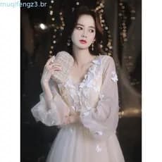 Elegante Vestido De Noite De Manga Comprida Para Mulheres Champanhe Borboleta Decoração Longo Vestidos De Baile Festa De