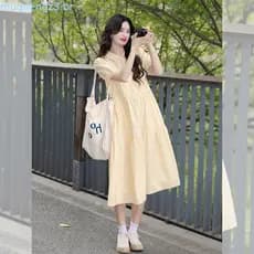 Francês estilo suave amarelo manga Puff csa vestido feminino verão novo estilo pequeno cintura estreita saia de manga