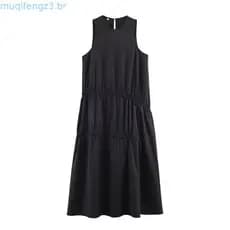Vestido Feminino Elegante HH2026, Decote Redondo, Cor Sólida, Sem Mangas, Costas Abertas, Botões Decorativos, Zíper, Ves