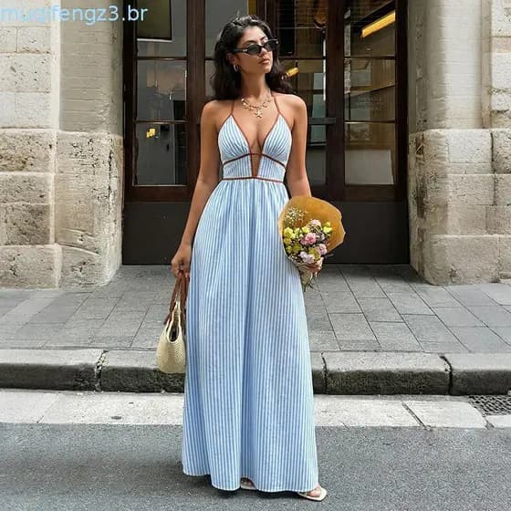 Vestido com decote em V profundo |     Vestido longo listrado sem costas [muito adequado para encontros e férias]