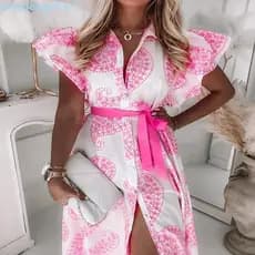 2022 verão babados cinto de manga curta com decote em V botão impresso vestido A linha saia