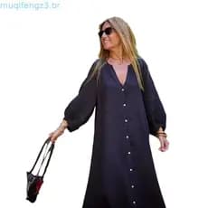 Vestido Feminino Csa de Algodão e Linho Vestido Longo Moda Casual Vestido Cardigan de Manga Longa