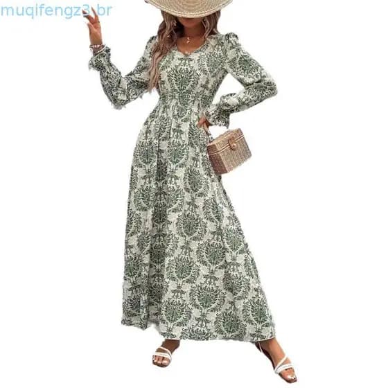 Moda Feminina Europeia e Americana 2026, Vestido Longo Estampado de Primavera, Decote em V, Manga Longa, Vestido Evasê 0