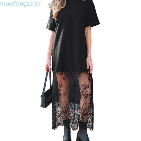 Estone Solto Curta Oversized Cseta Vestido Floral Renda Emenda Casual Cor Sólida Maxi Vestidos Para Rua