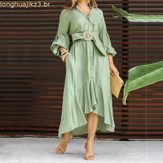 Vestido verde Vestido ocidental Moda casual manga cheia de gola em V sólido com bolso vestido longo L04L