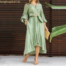 Vestido verde Vestido ocidental Moda casual manga cheia de gola em V sólido com bolso vestido longo L04L