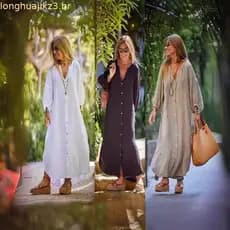 Vestido Feminino Csa de Algodão e Linho Vestido Longo Moda Casual Vestido Cardigan de Manga Longa