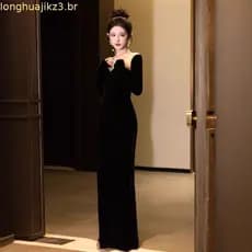 Vestido De Noite De Banquete De Veludo Preto Para Mulheres , Elegante , Manga Comprida , Slim Fit , Vestidos Rabo De Pei