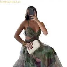 Vestido de Alcinha Estampado em Tela, Novo para Primavera/Verão 2026, Estilo Europeu e Americano, para Férias e Festas C