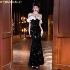 Vestido de noite feminino banquete temperamento luz luxo nicho Fishtail preto bonito brilhante lantejoulas jantar festa