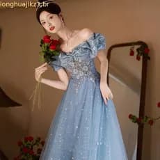 Vestido De Noite Azul Sem Ombros , Novo Modelo , Sofisticado , Luxuoso , Requintado , Luxo Leve , Nicho , Para Anfitrião