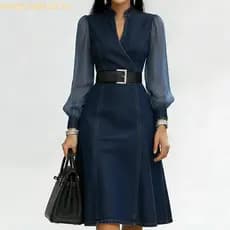 vestido longo Verão Manga Comprida Com Decote Em V Cintura Apertada Jeans Emagrecedor Cinto Incluído Saia Evasê De Compr