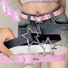 Cinto de Estilo dos Anos 2000 com Fivela Estrela, Cinto de Couro Rosa Retro Brilhante com Strass, Acessório Decorativo F