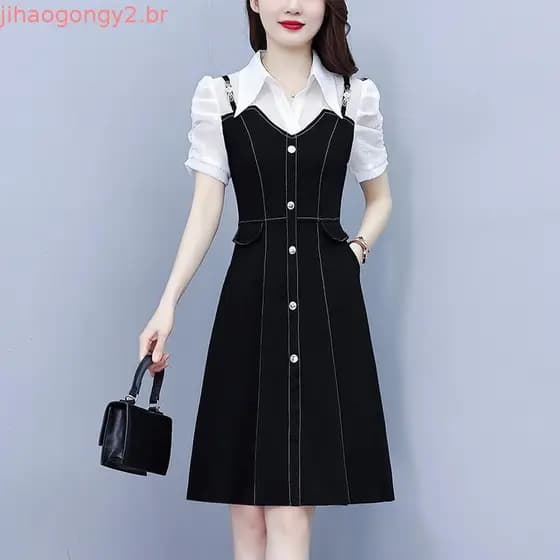 Falso csa de duas peças vestido feminino 2026 verão novo estilo tamanho grande elegante deusa fã capa barriga saia re