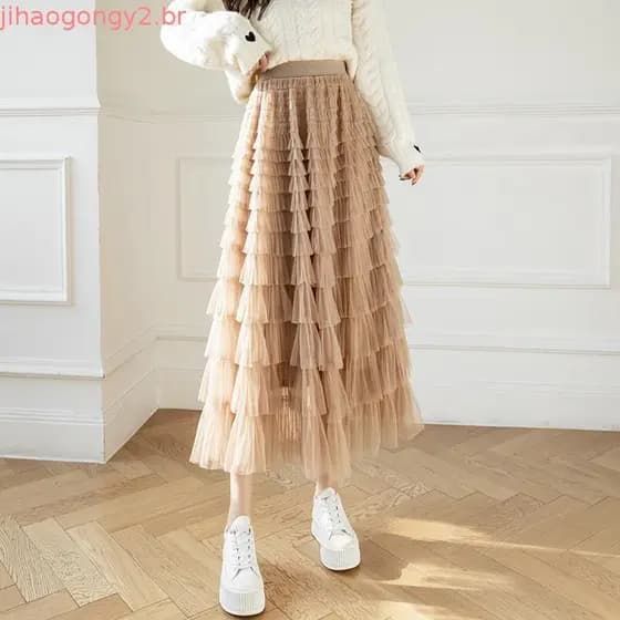 Qooth Outono Coreano Estilo Malha Puffy Cake Saia Longa Elegante Vintage Elástico Cintura Alta Bata De Tule De Gaze QT1