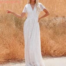 Roupas De Maternidade Mulheres De Verão V Pescoço Branco Renda Boho Manga Curta Praia Vestido Casual Lady Maxi De Gravi