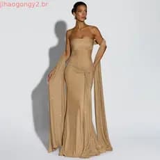 Vestido Maxi Feminino Sibybo Tomara que Caia Franzido com Bandagem Brilhante Elegante Ombro a Ombro Sem Costas Justo ao