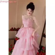 Vestido de noite feminino rosa High-End luz luxo nicho bonito Super fada doce 18 anos de idade estudante dia banquete Es