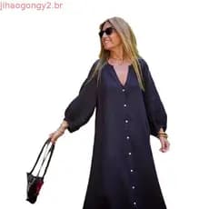 Vestido Feminino Csa de Algodão e Linho Vestido Longo Moda Casual Vestido Cardigan de Manga Longa