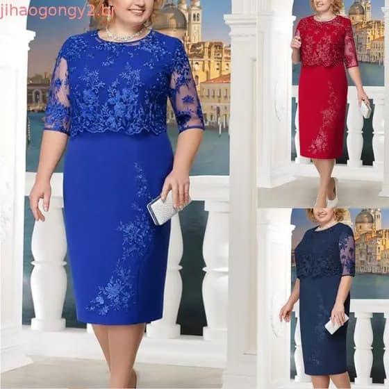 (Cherisp)Midi Feminino Plus Size De Renda Com Manga Curta Para Coquetel / Festa Noturna