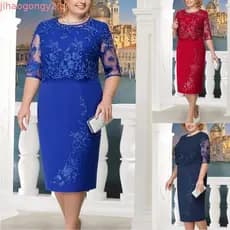 (Cherisp)Midi Feminino Plus Size De Renda Com Manga Curta Para Coquetel / Festa Noturna