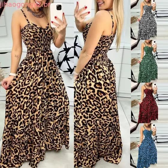 Vestido longo plus sized feminino estampado leopardo decote em V