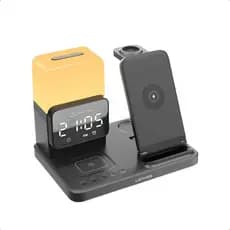 Carregador Sem Fio 3 em 1 Dock Station para Celular Fone TWS e Smartwatch com Luz Ambiente e Alarme