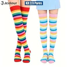 Kit 2/3 Meias Colorida Jcolour Cano Médio Alto ou Longa Meia Arco Iris Alta para Infantil Adulto 34-40