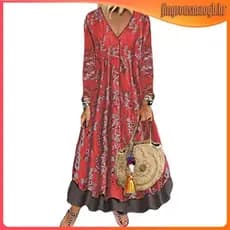 Vestido Longo Elegante Feminino Vintage Estampado com Decote em V e Manga Longa 2026