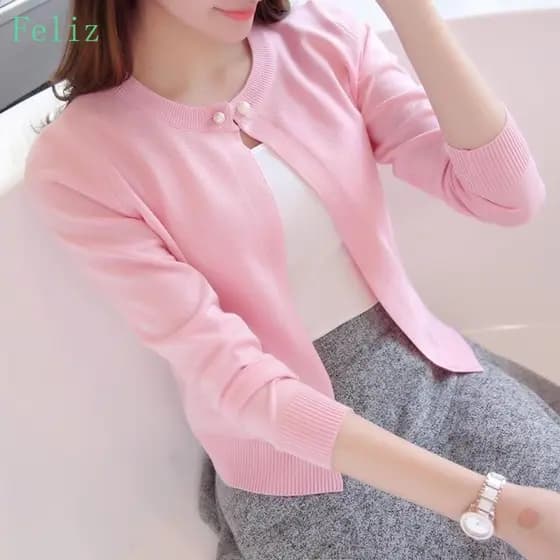 42741 Cardigãs de Malha Femininos Curtos, Casuais, Sólidos, de Primavera, com Botão Único, Gola O, Slim 2024 996 3945