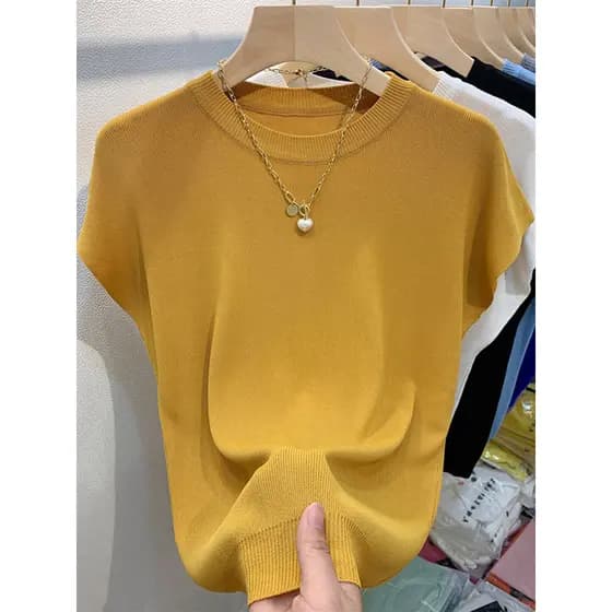 Camiseta de manga curta feminina, novo estilo, fina e leve, camiseta de seda de verão, camiseta de verão com aparência e